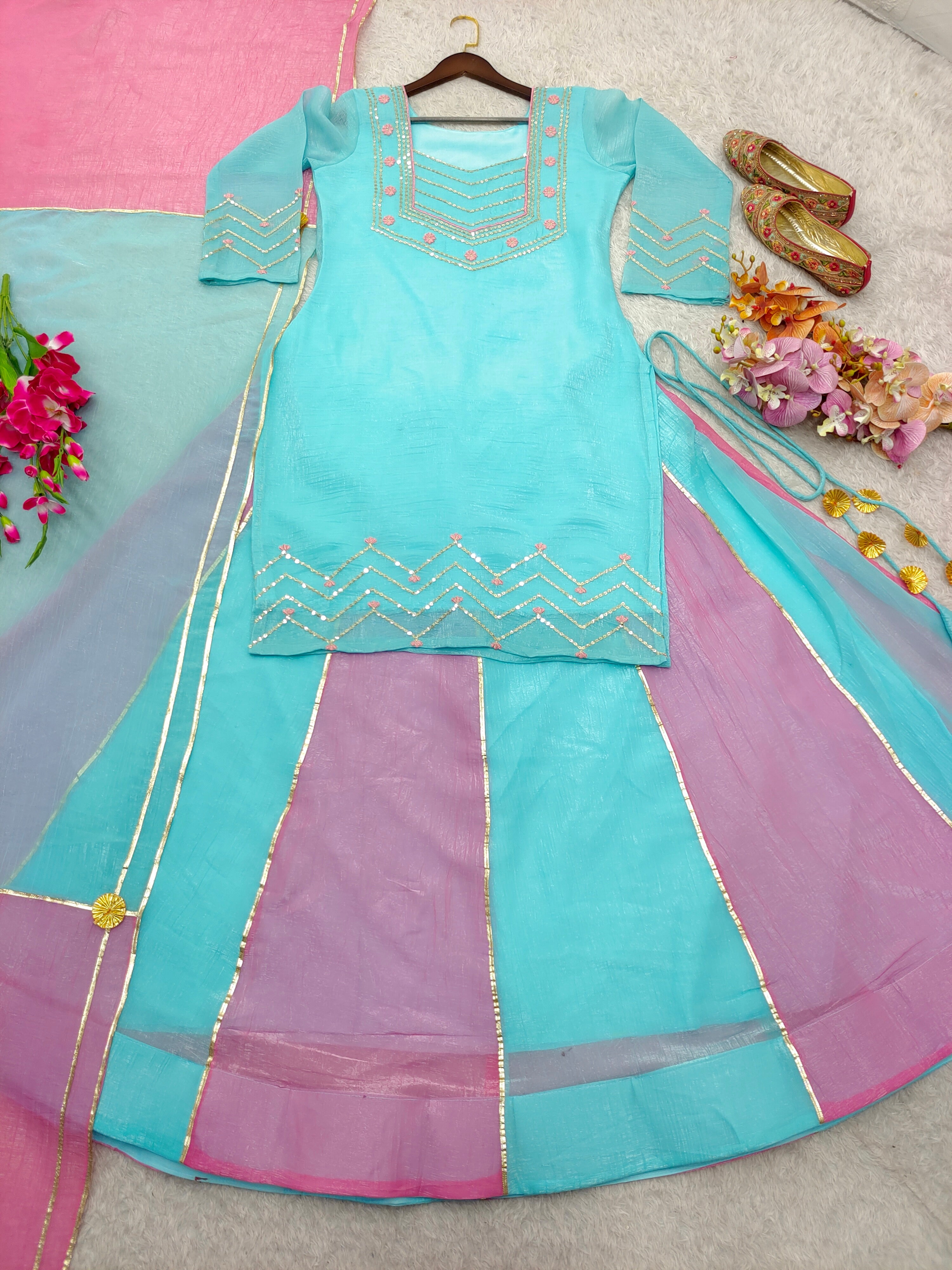 Pretty Sky Blue Silk Gota Patti Work Sharara Suit