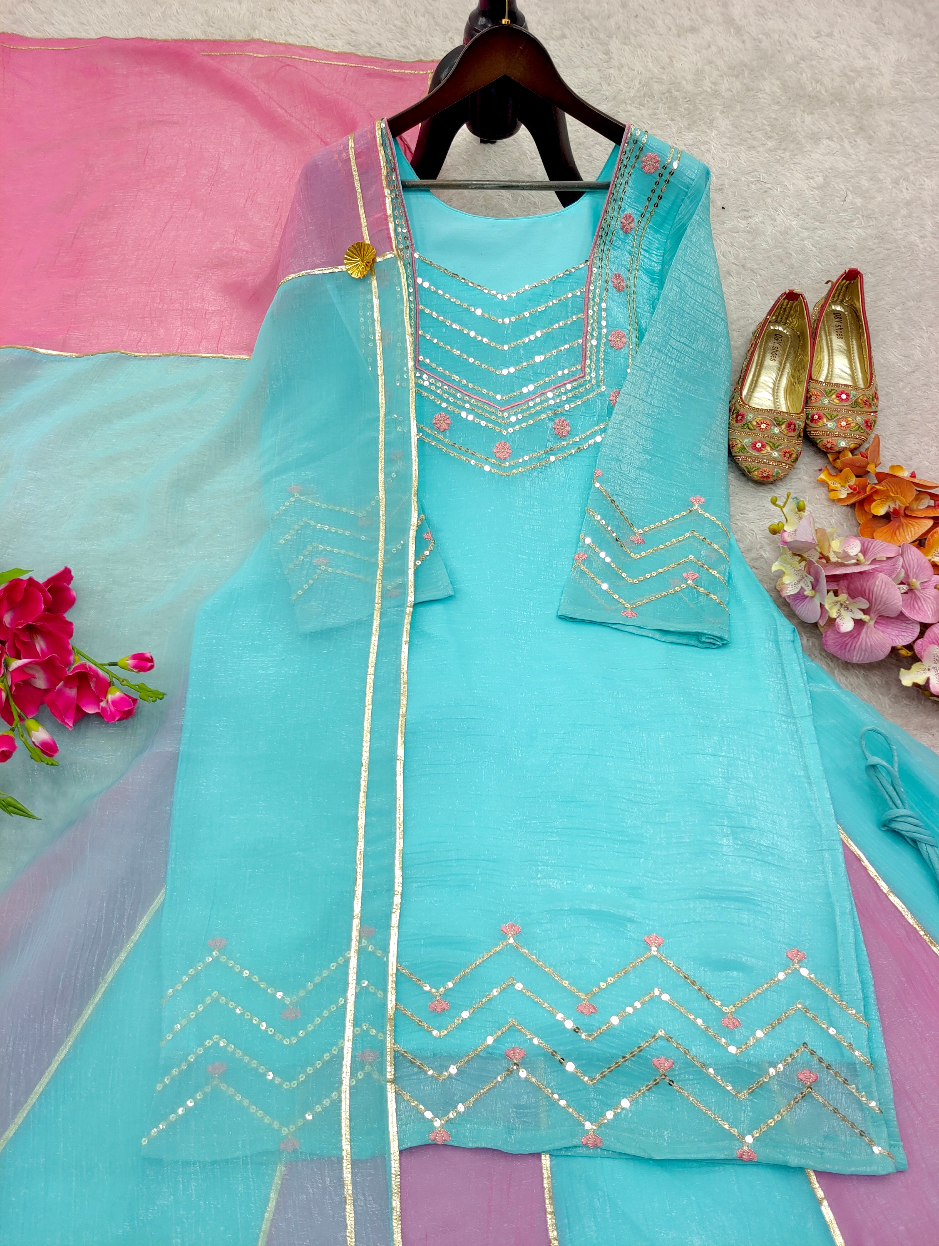 Pretty Sky Blue Silk Gota Patti Work Sharara Suit