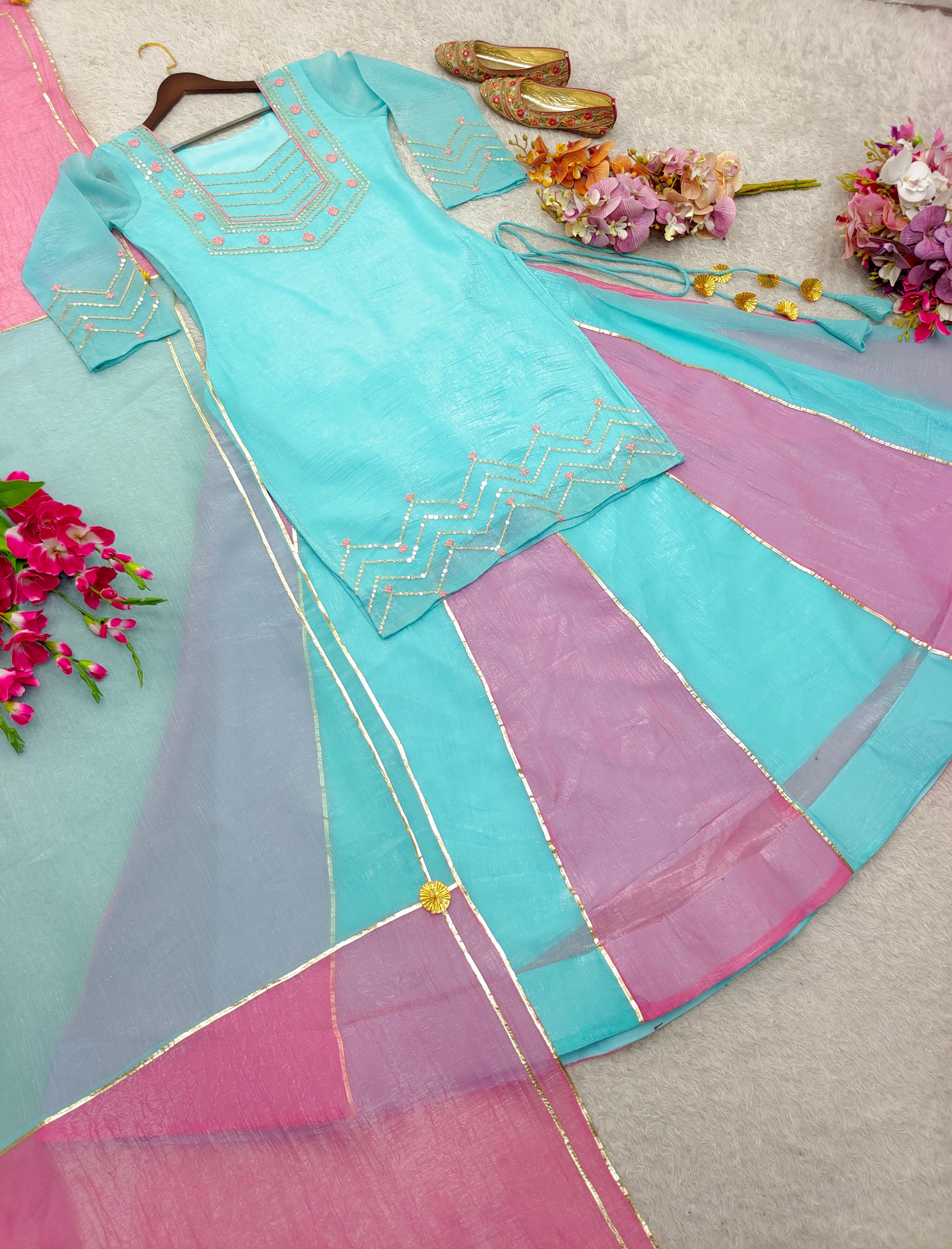 Pretty Sky Blue Silk Gota Patti Work Sharara Suit