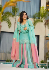 Pretty Sky Blue Silk Gota Patti Work Sharara Suit