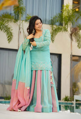 Pretty Sky Blue Silk Gota Patti Work Sharara Suit