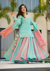 Pretty Sky Blue Silk Gota Patti Work Sharara Suit