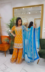 Celebrity Style Yellow Color Georgette Fabri  Embroidery Sequence Work Sharara Suit