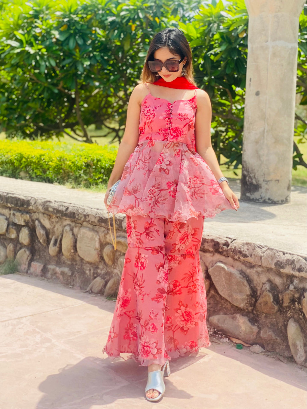 Outstanding  Digital printed Pink Color Organza Silk Sharara Suit