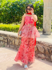 Outstanding  Digital printed Pink Color Organza Silk Sharara Suit
