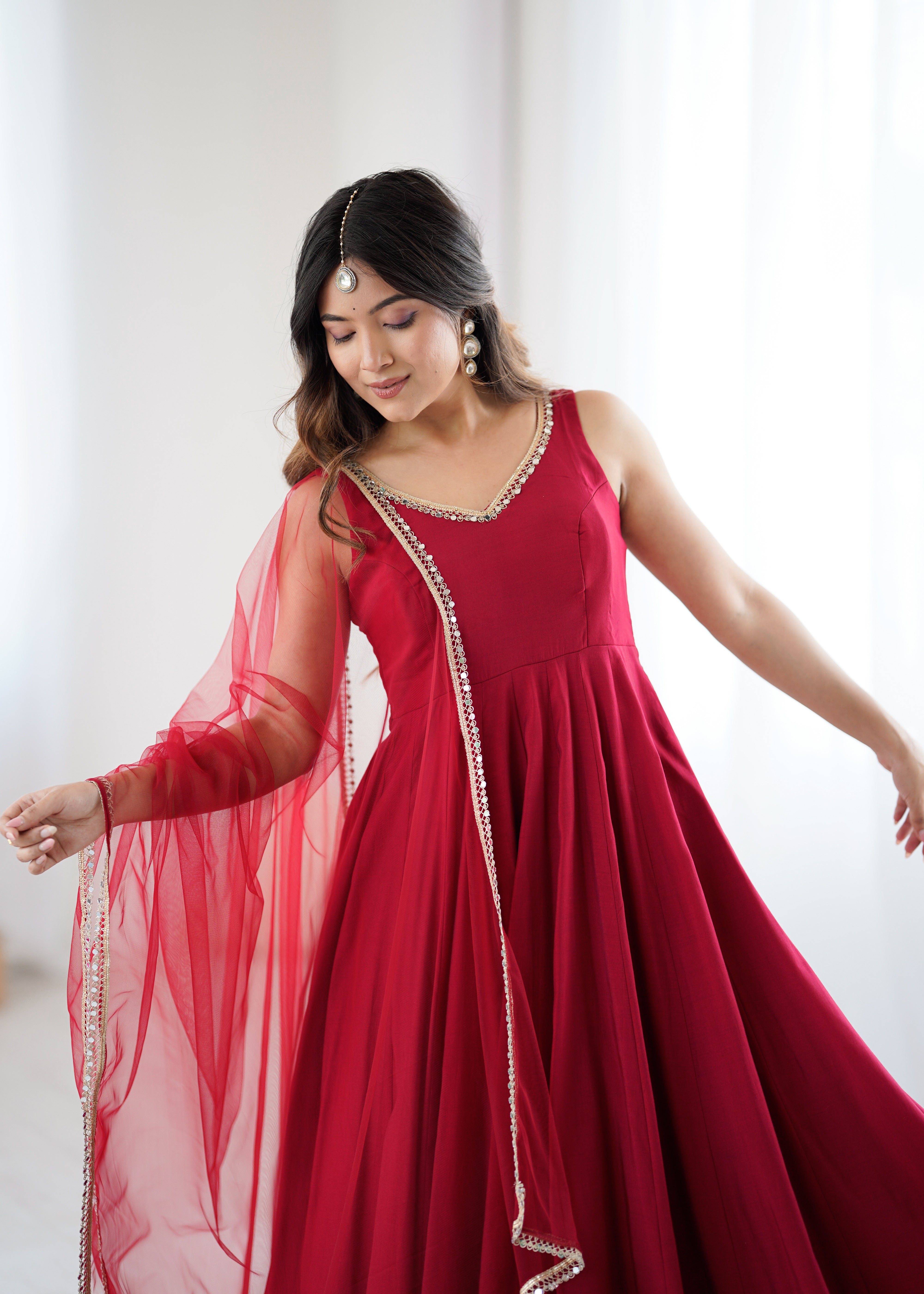 Trendy Maroon Roman Silk Anarkali Work Gown