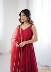 Trendy Maroon Roman Silk Anarkali Work Gown
