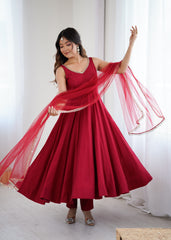Trendy Maroon Roman Silk Anarkali Work Gown