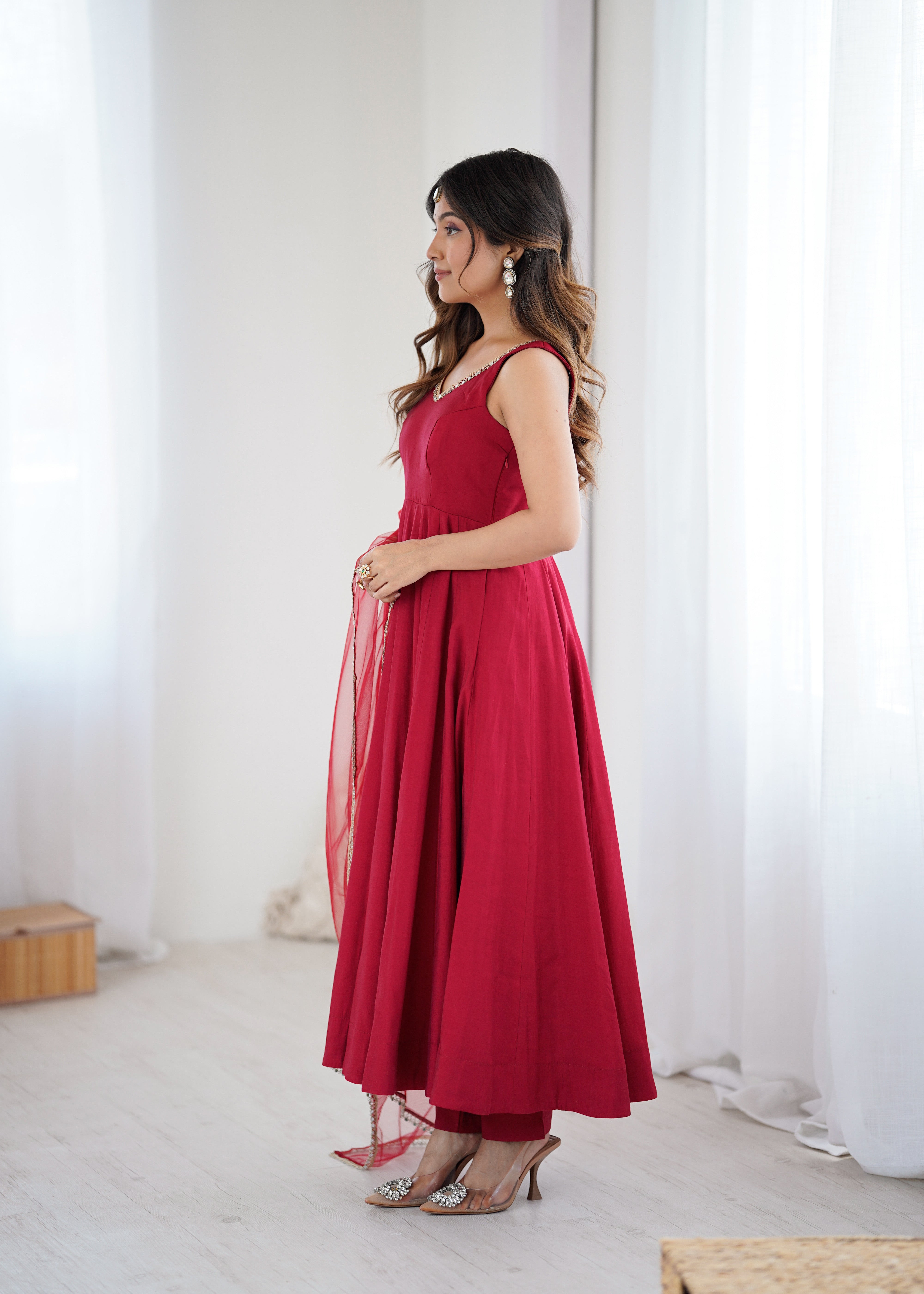 Trendy Maroon Roman Silk Anarkali Work Gown
