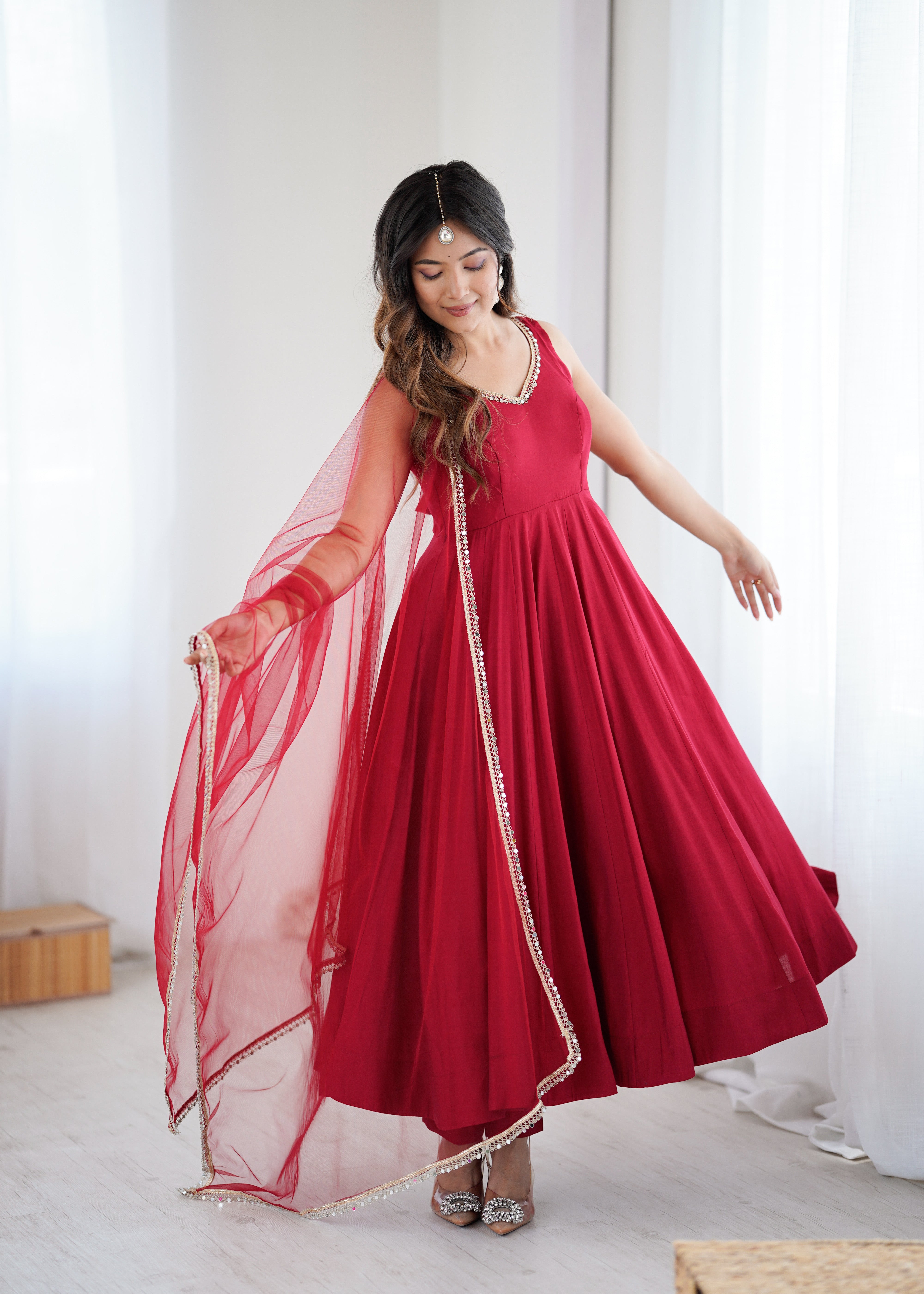 Trendy Maroon Roman Silk Anarkali Work Gown