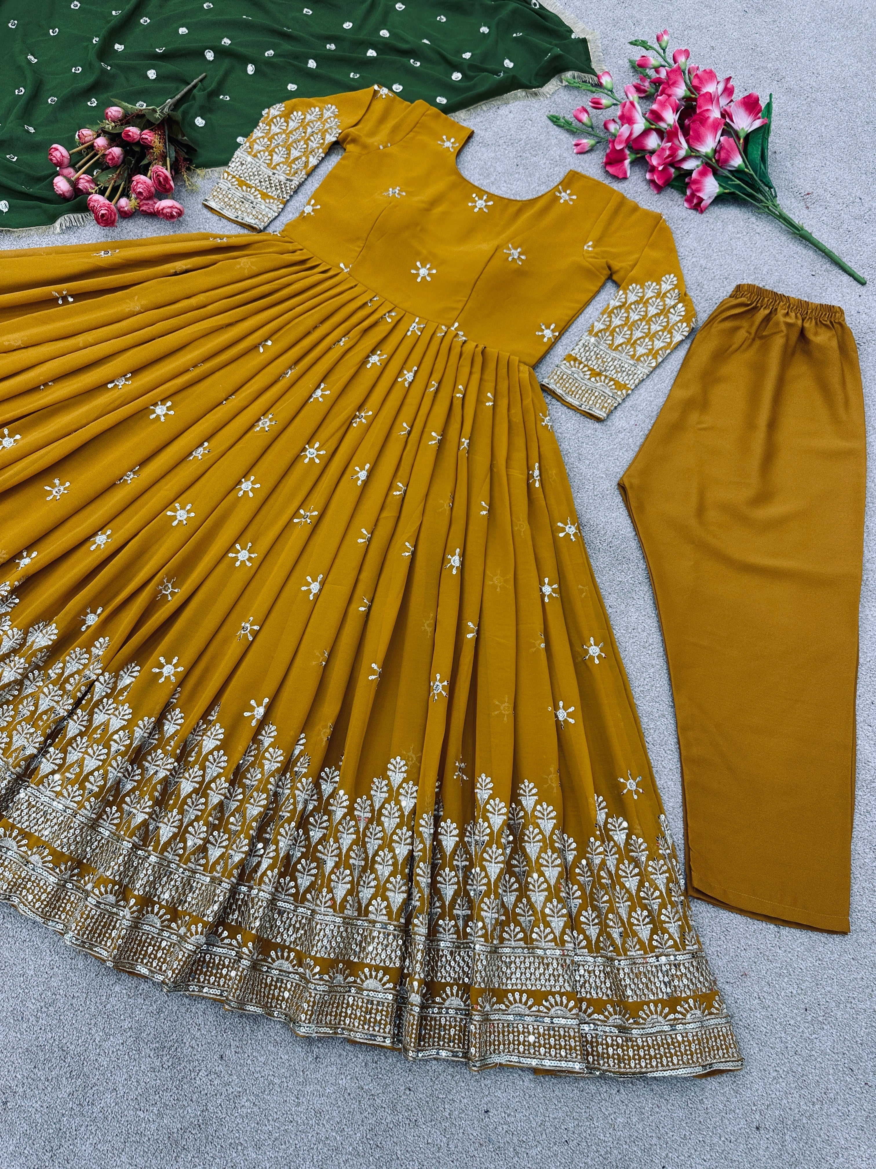 Haldi Ceremony Wear Mustered Color Anarkali Gown With Dupatta