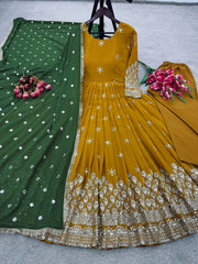 Haldi Ceremony Wear Mustered Color Anarkali Gown With Dupatta