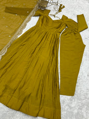 Mehndi Yellow  Color Plain Gown With Work Dupatta