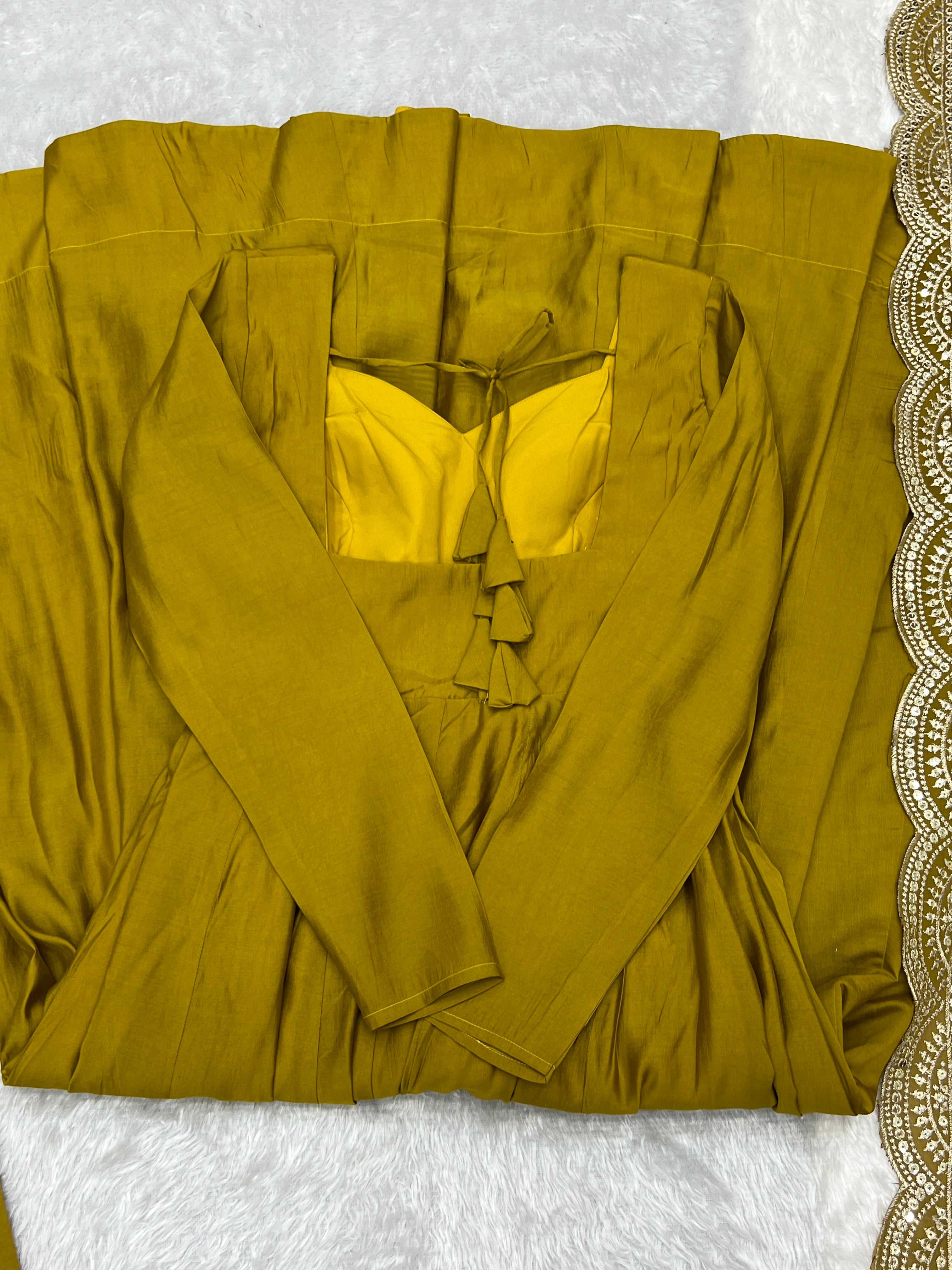 Mehndi Yellow  Color Plain Gown With Work Dupatta