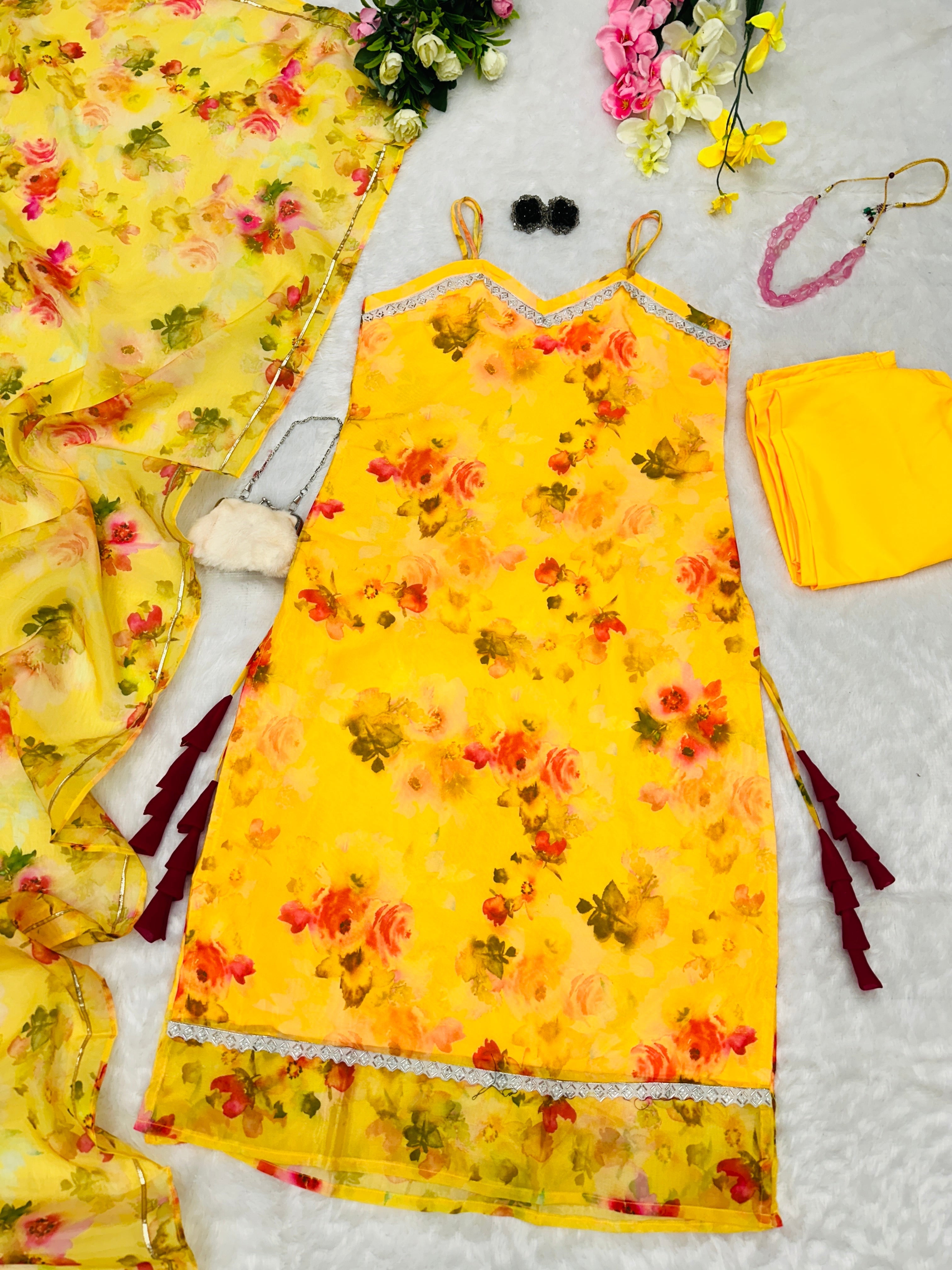 Fabulous Jimmy Organza Floral Printed Yellow Color Anarkali Suit