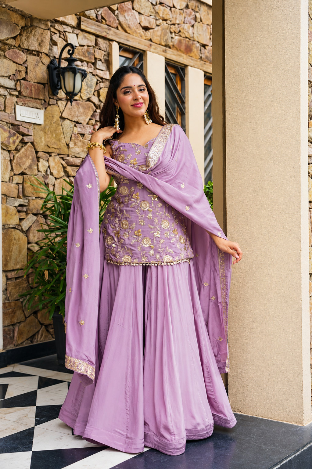 Feastive Wear Lavender Sequin Zari Work Sharara Suit Set