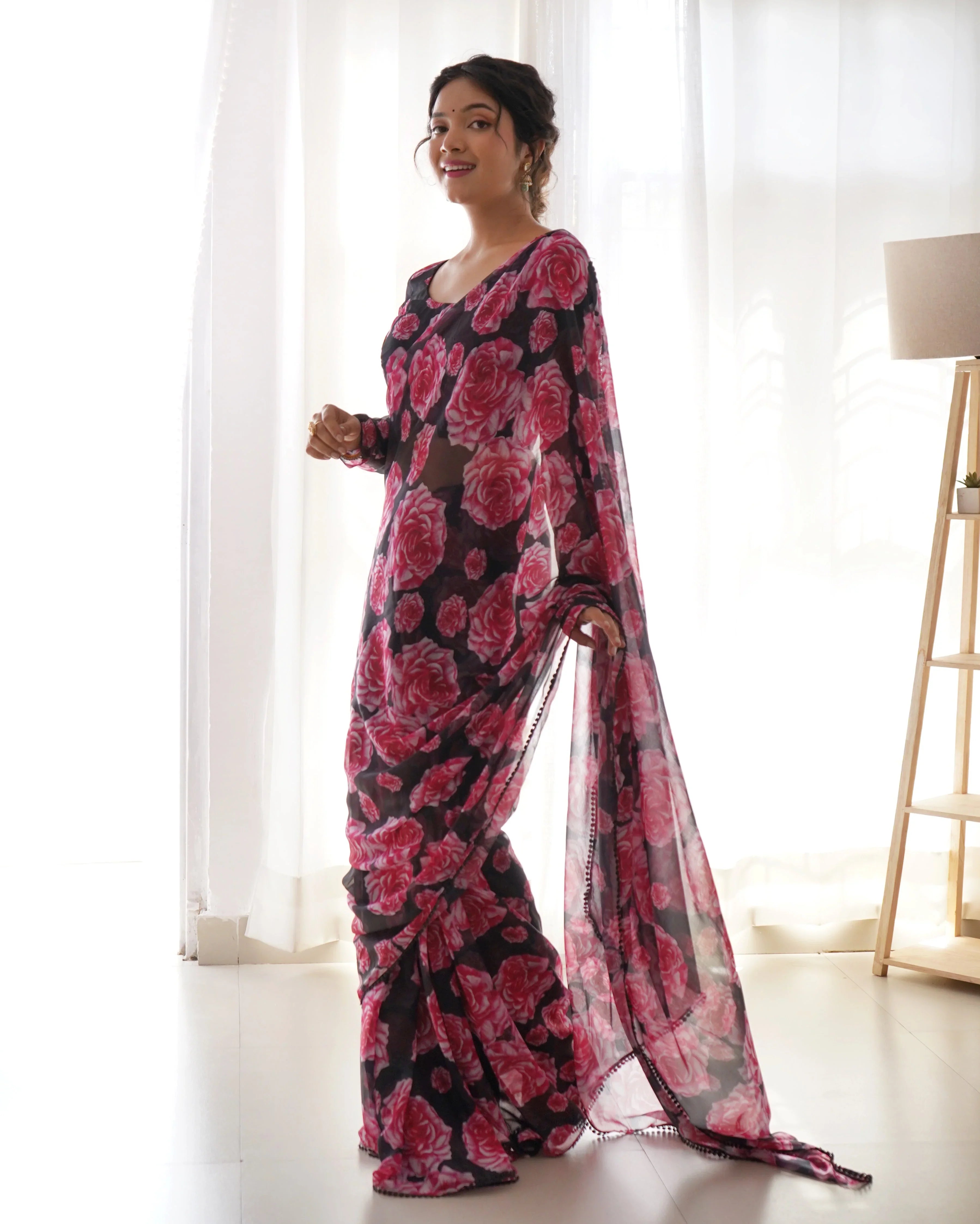 Ready To Wear Black Color Rose Print Saree