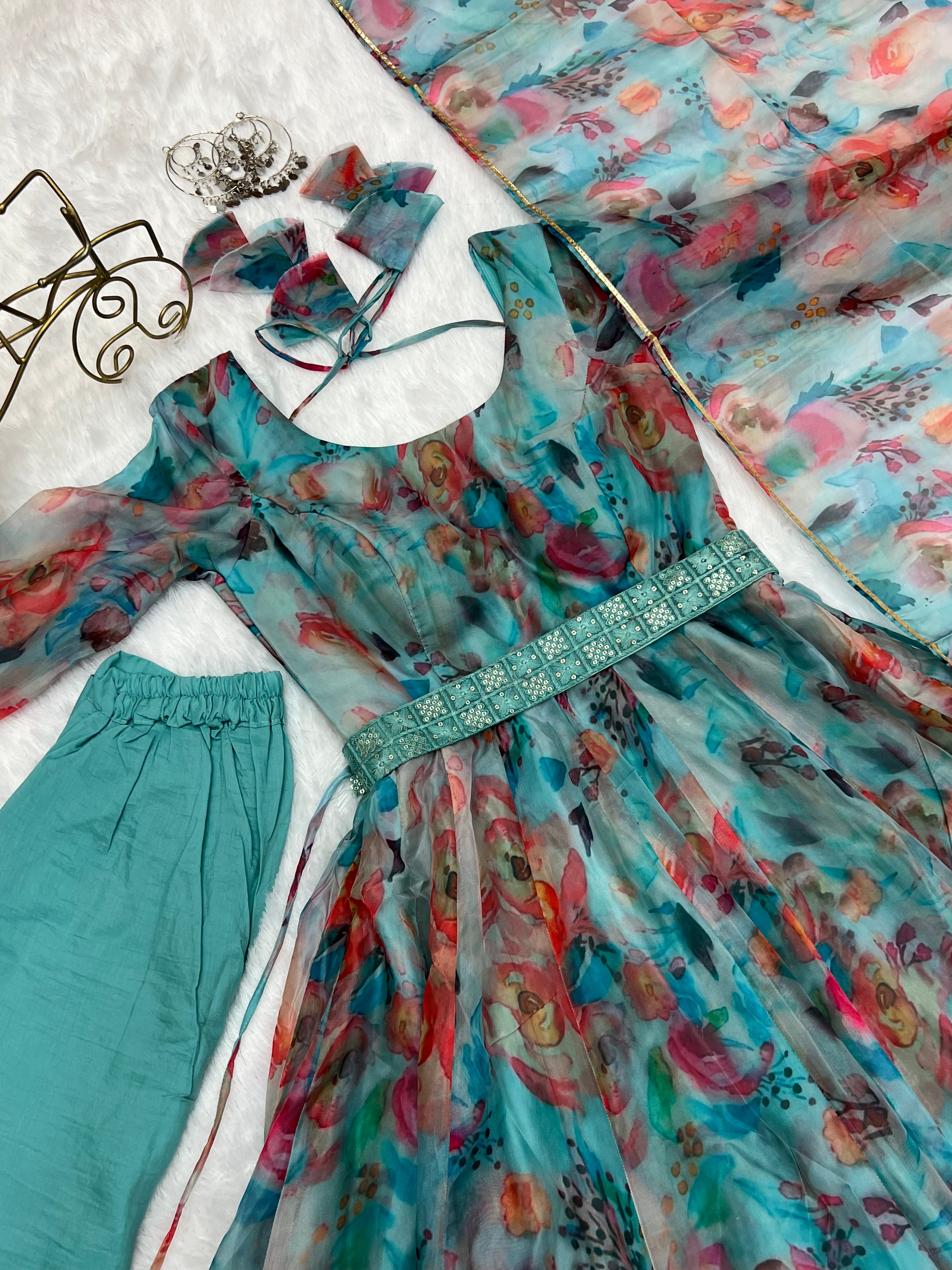 Admiring sky Color Flower Printed Anarkali Suit