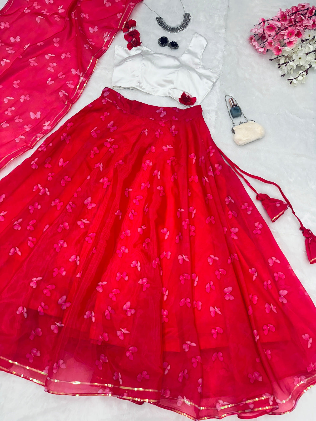 Flattering  Digital Print Red And White Color Lehenga Choli