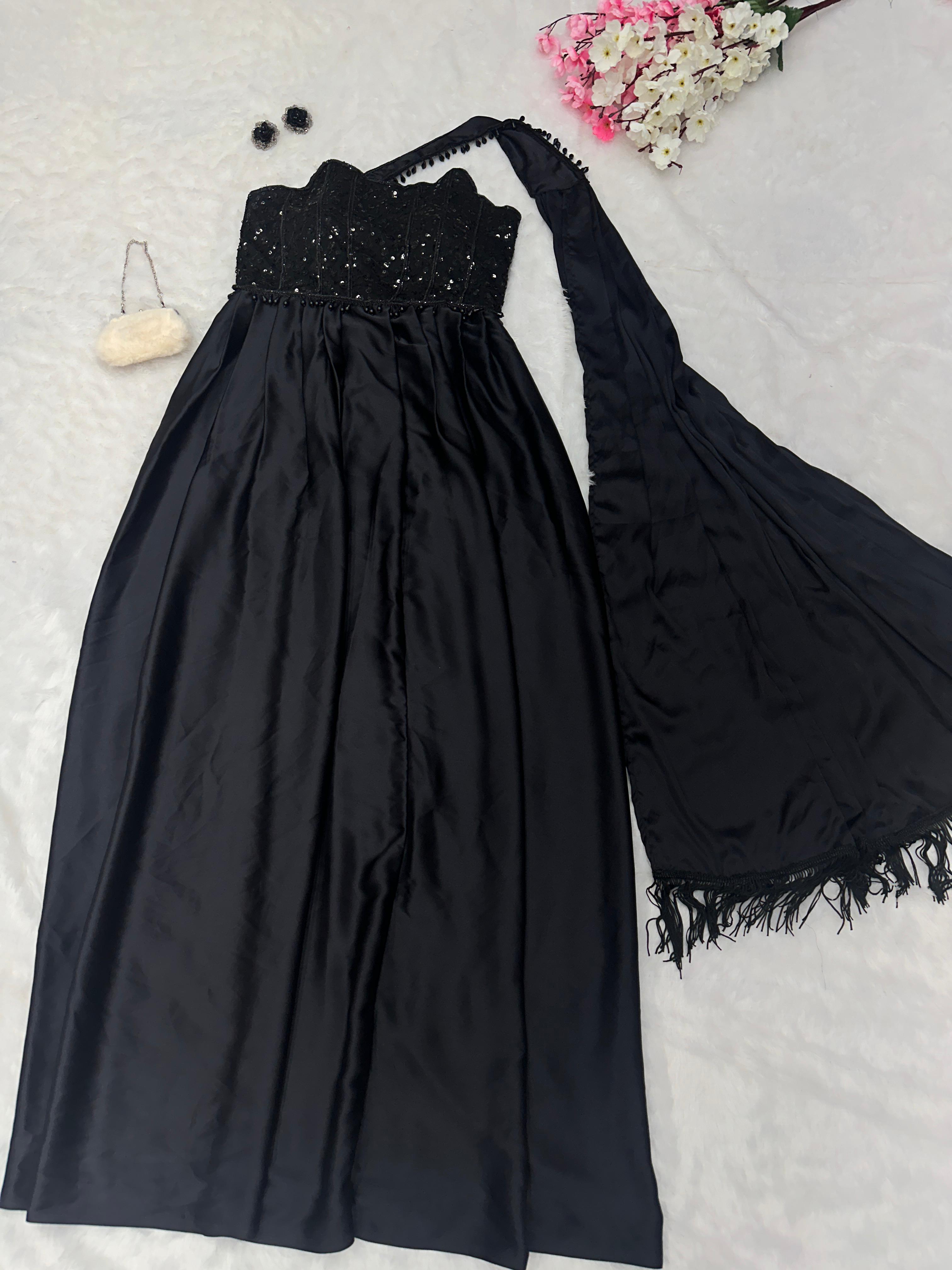 Party Wear Sequence Work Black Color Gown