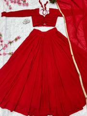 STYLIST FOX GEORGETTE FABRIC RED COLOR  LEHENGHA CHOLI