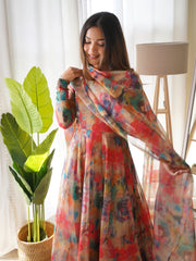 Admiring Red Color Flower Printed Anarkali Suit