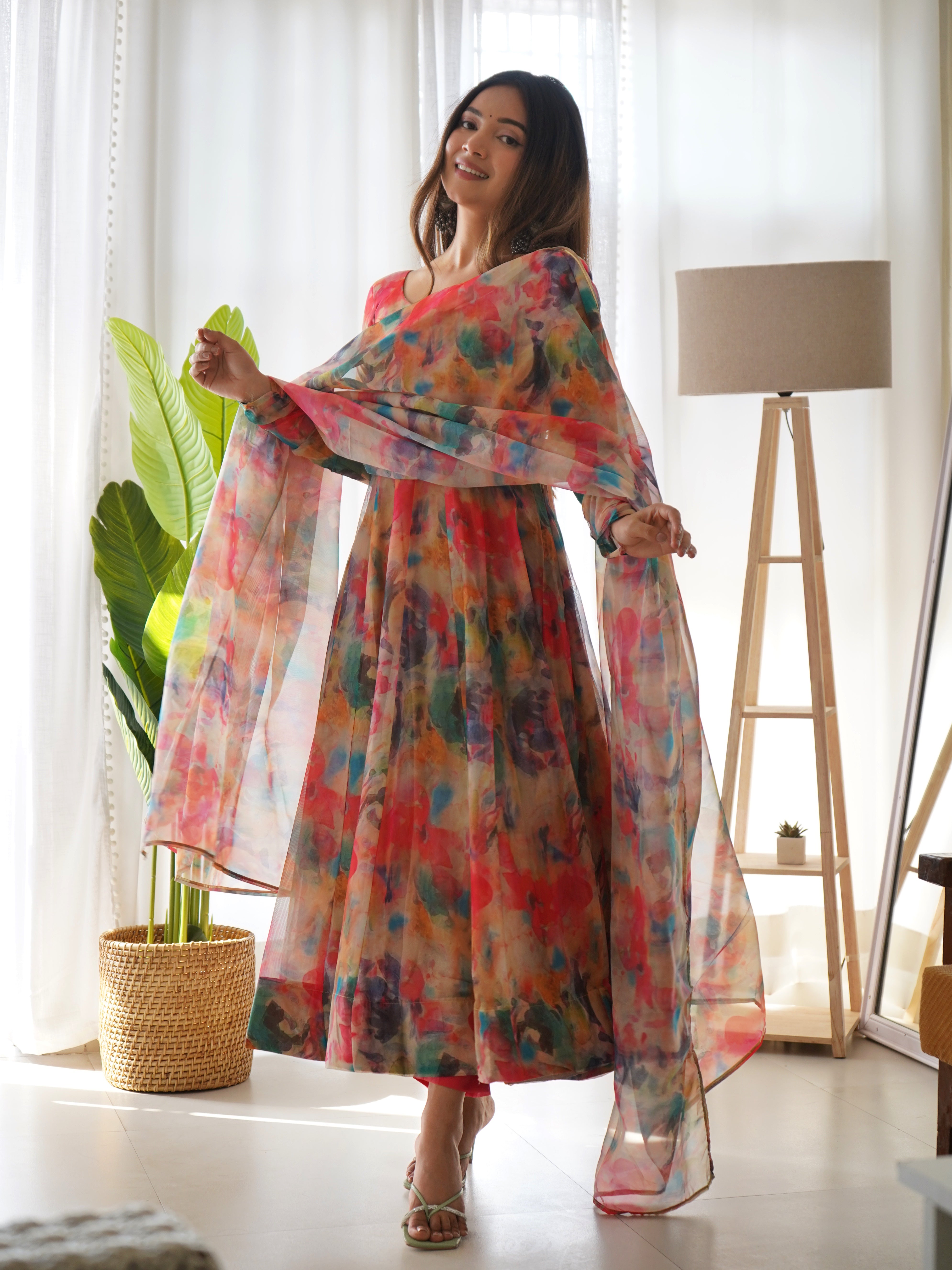 Admiring Red Color Flower Printed Anarkali Suit