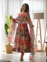 Admiring Red Color Flower Printed Anarkali Suit