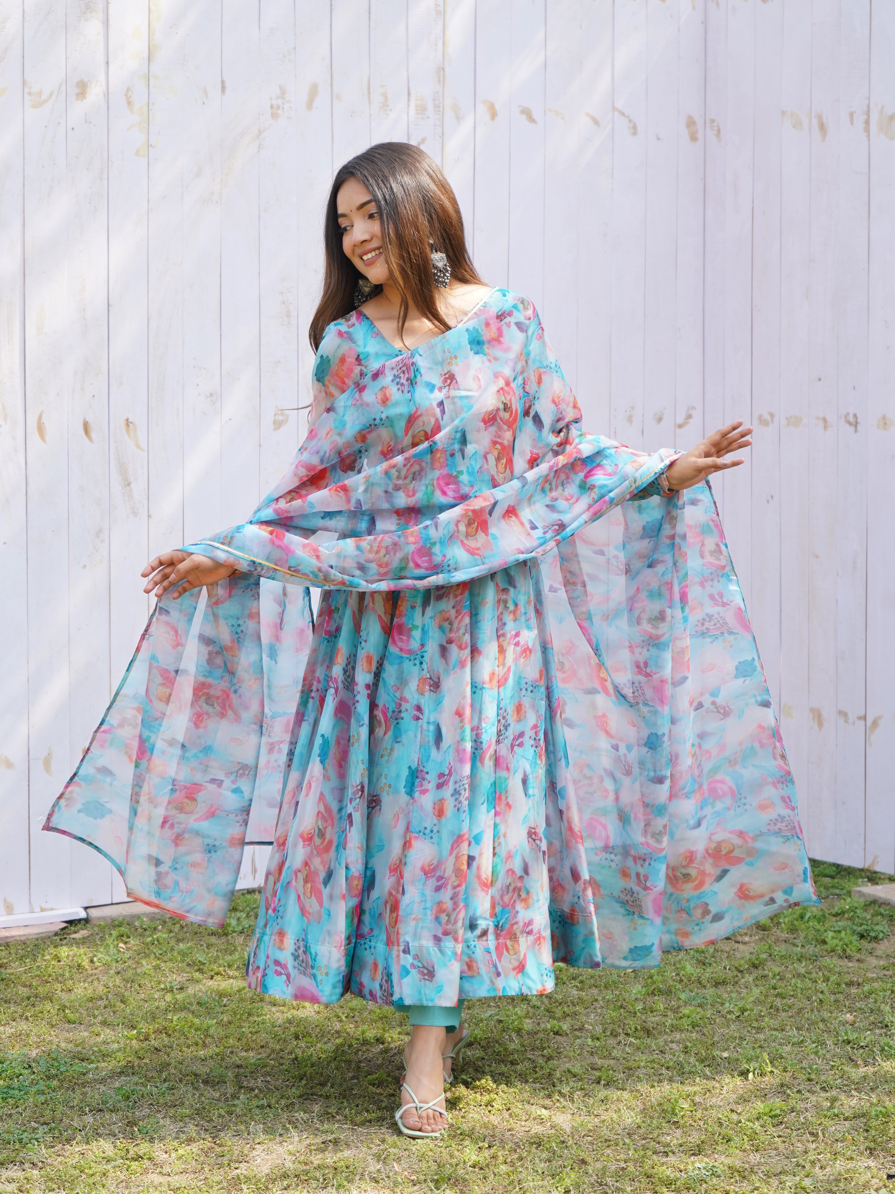 Admiring sky Color Flower Printed Anarkali Suit