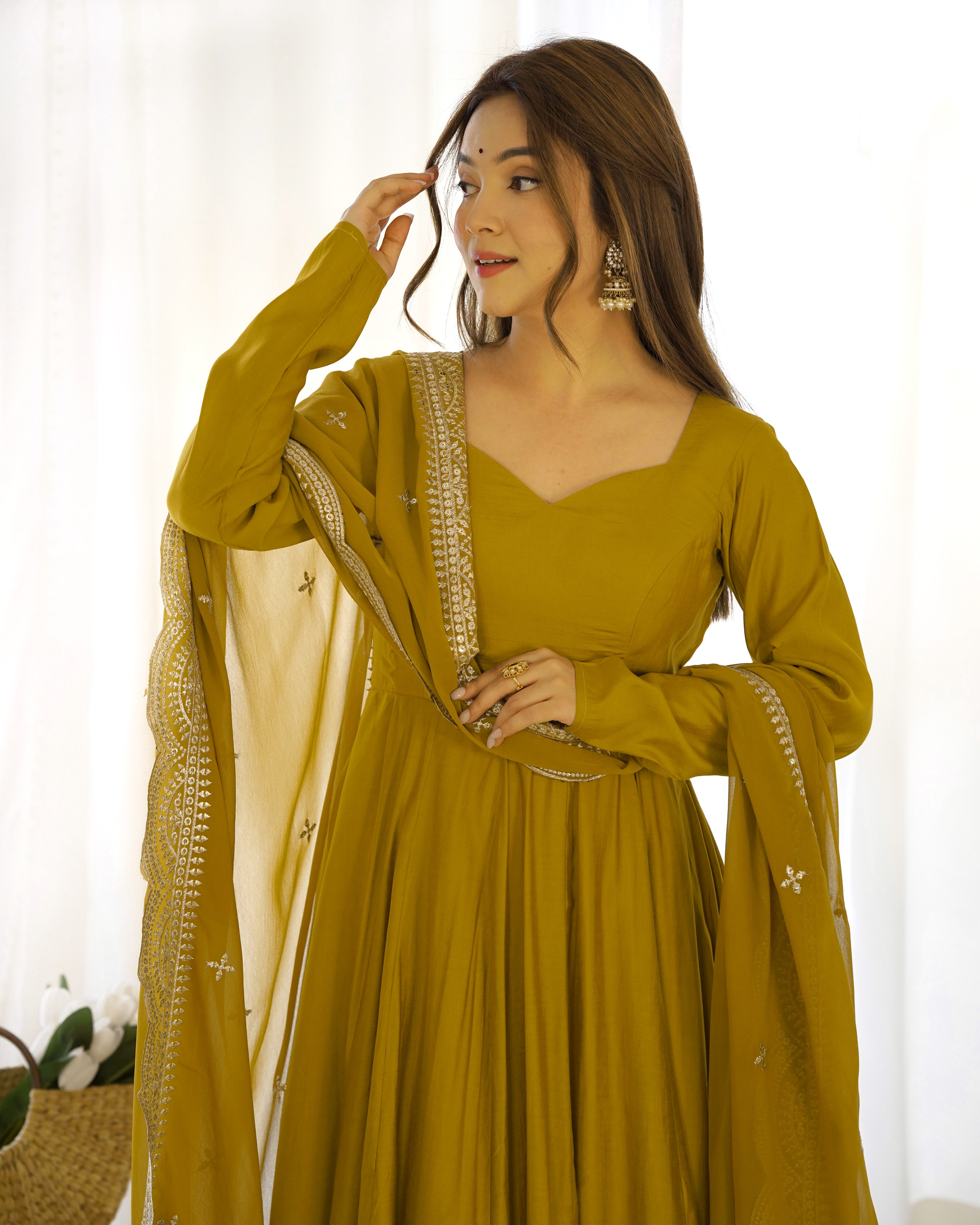 Mehndi Yellow  Color Plain Gown With Work Dupatta