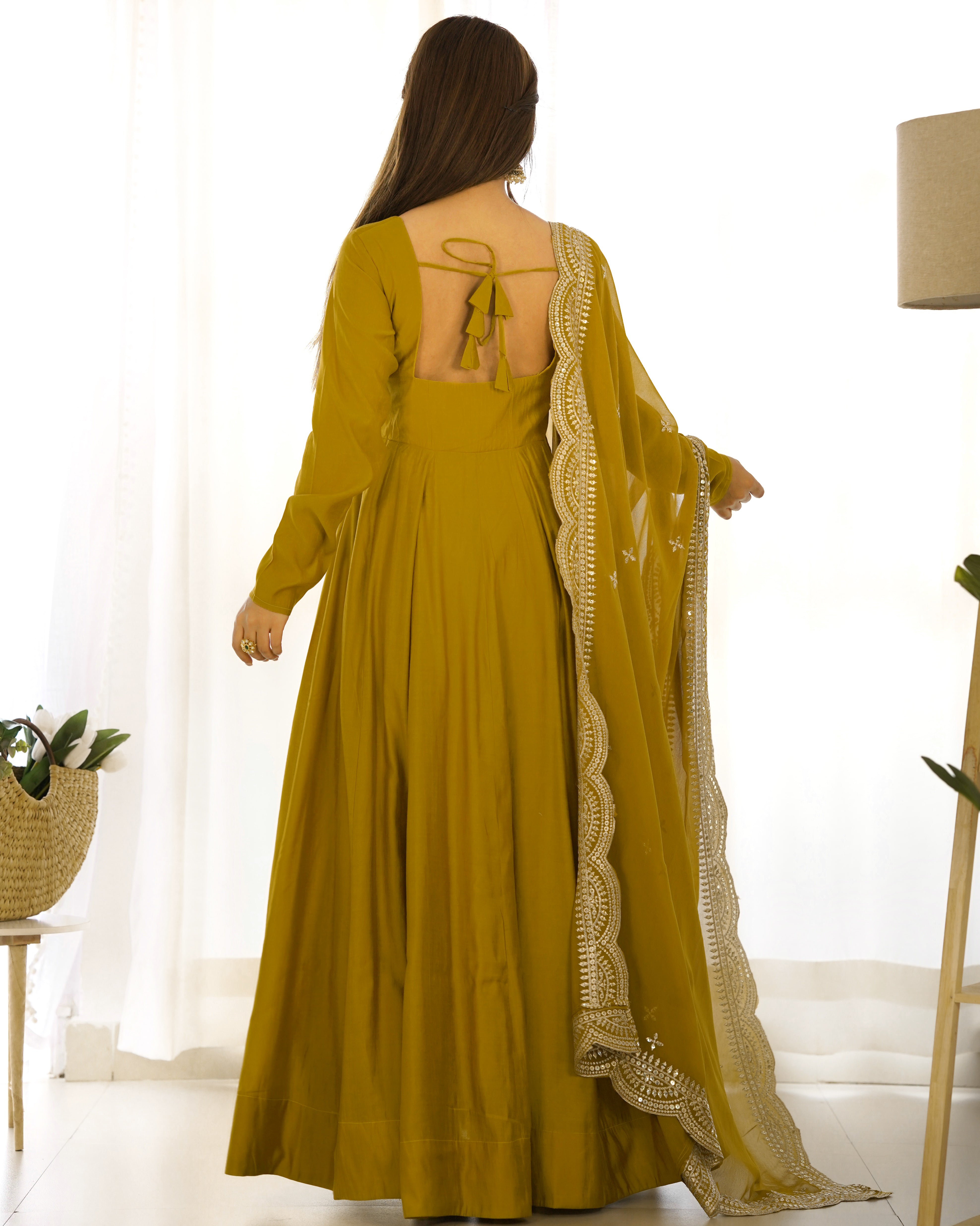 Mehndi Yellow  Color Plain Gown With Work Dupatta