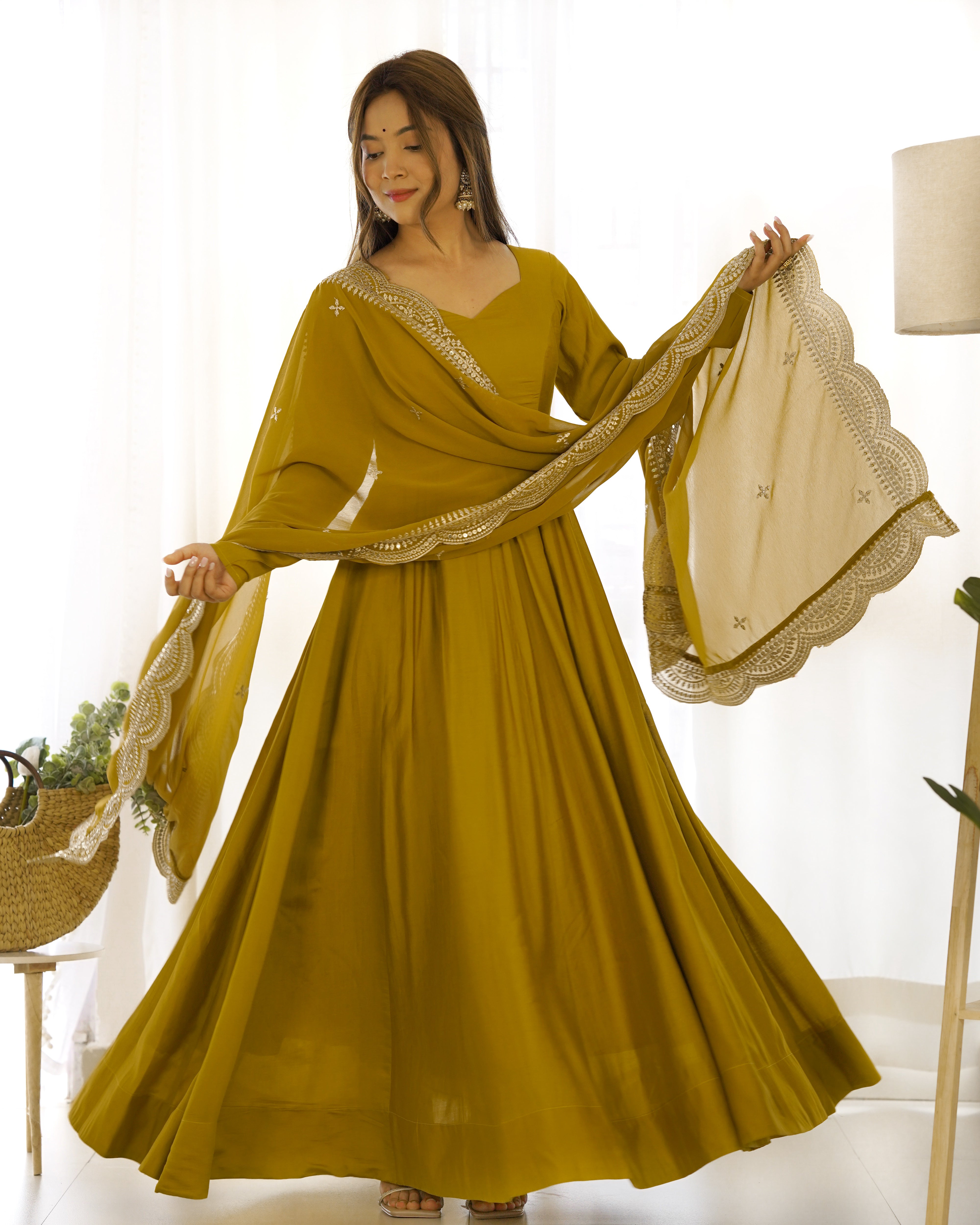 Mehndi Yellow  Color Plain Gown With Work Dupatta