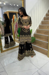 Presenting  Black Color Georgette Embroidery Sequence Work Sharara Suit