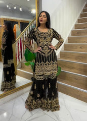 Presenting  Black Color Georgette Embroidery Sequence Work Sharara Suit