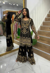 Presenting  Black Color Georgette Embroidery Sequence Work Sharara Suit