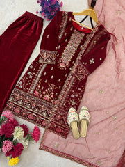Alluring Maroon Velvet Sequence Work Palazzo Suit
