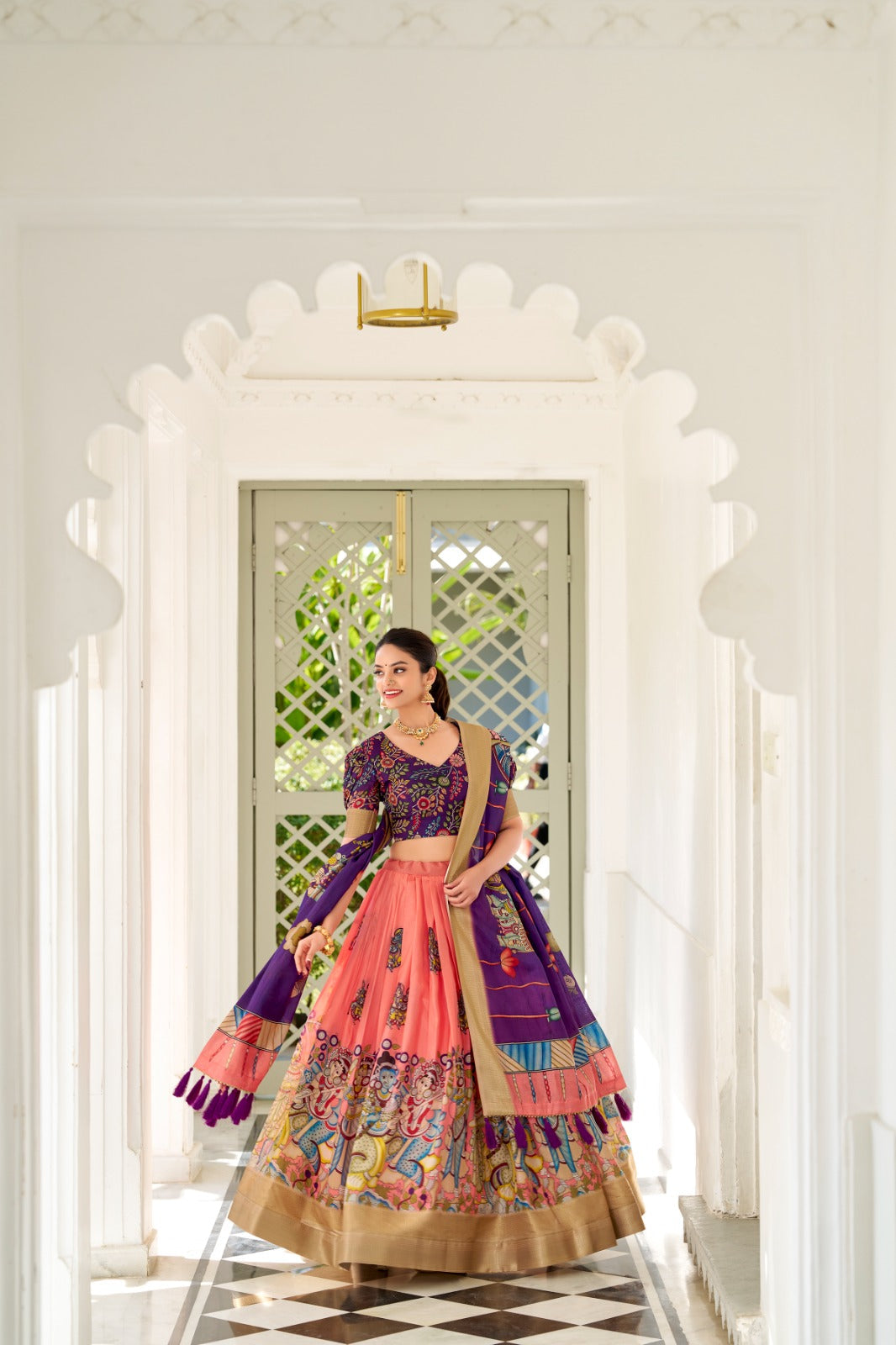 Shining Kalamkari Print Peach Color Lehenga Choli