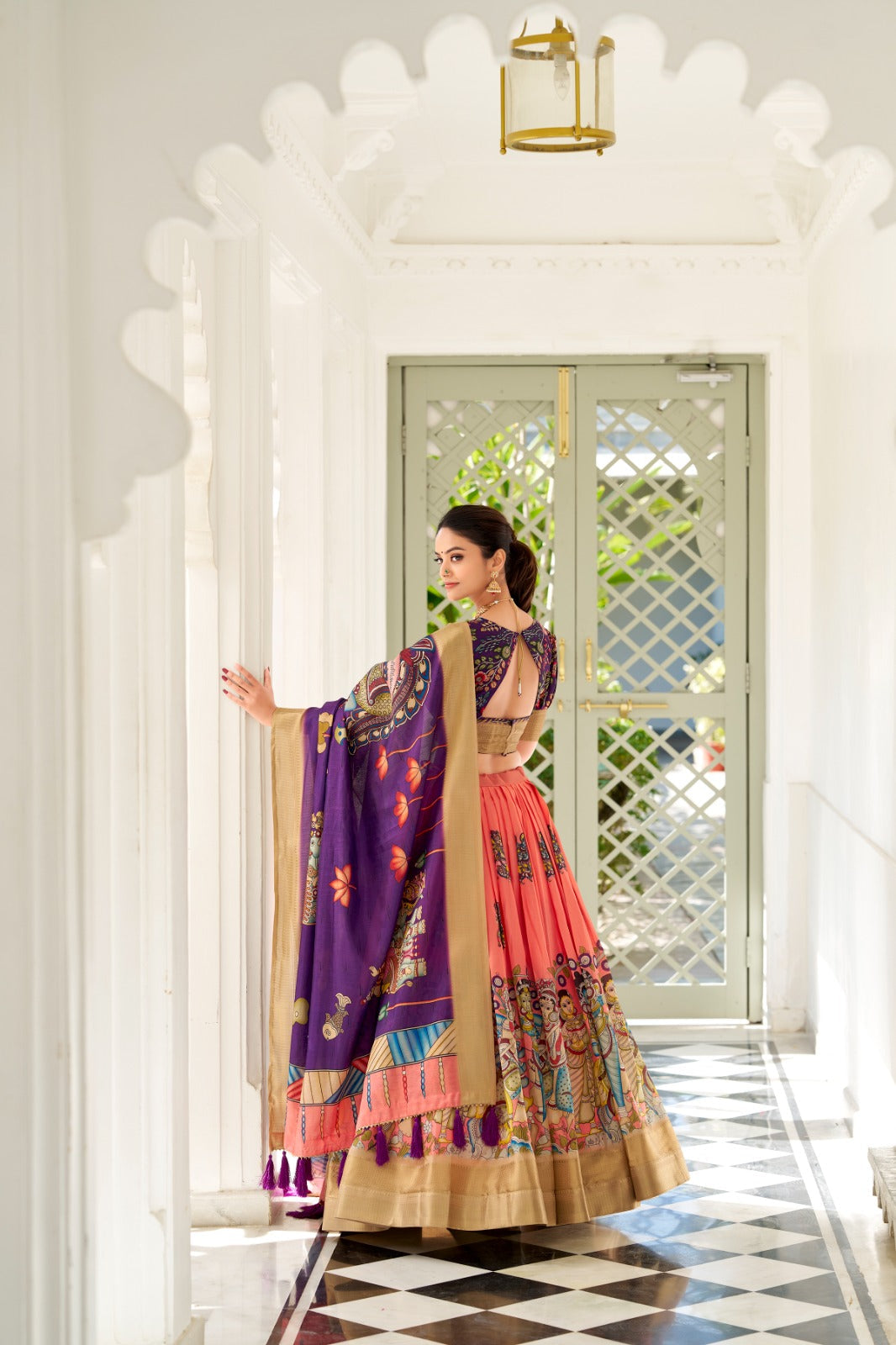 Shining Kalamkari Print Peach Color Lehenga Choli