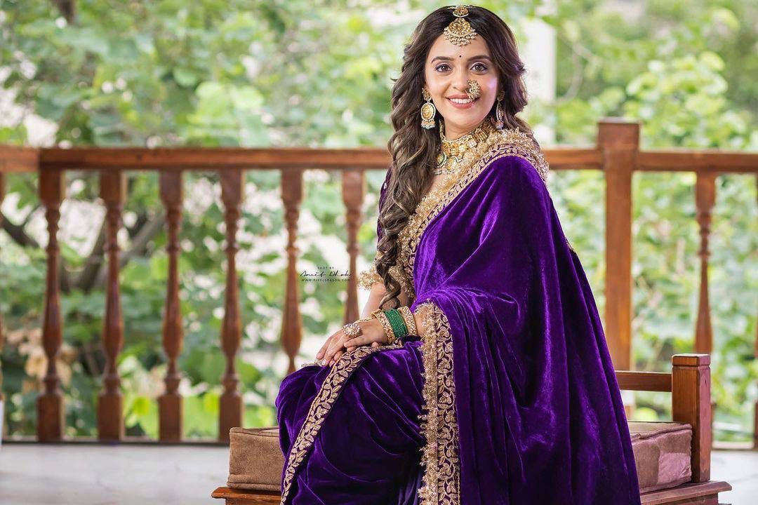 Exclusive Dark Purple Color Embroidery Work Velvet Saree