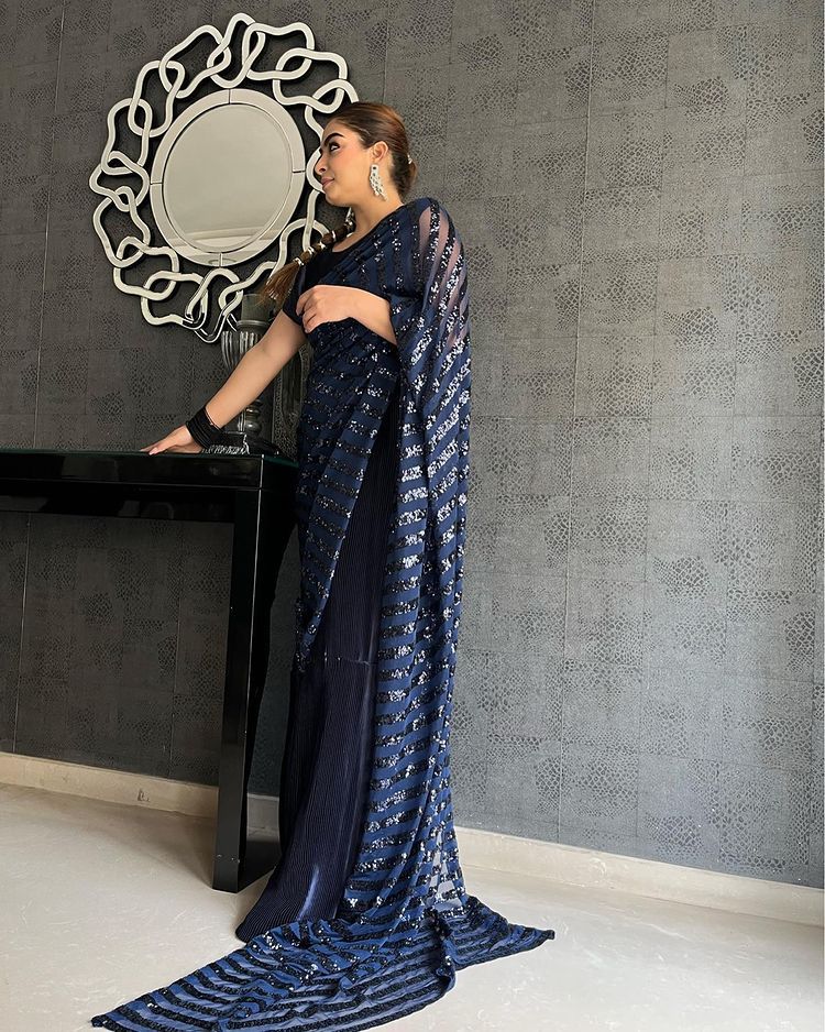 Amazing Navy Blue Color Sequin Work Crushed Saree