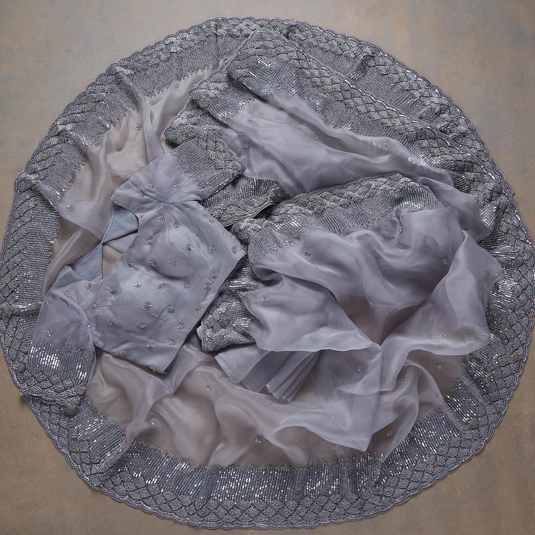 Fantastic Grey Color Sequence Work Organza Saree