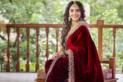 Exclusive Maroon Color Embroidery Work Velvet Saree
