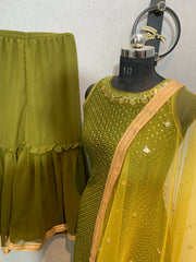 Mehndi Color Embroidery Sequence Work Saharara Suit