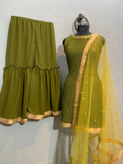 Mehndi Color Embroidery Sequence Work Saharara Suit