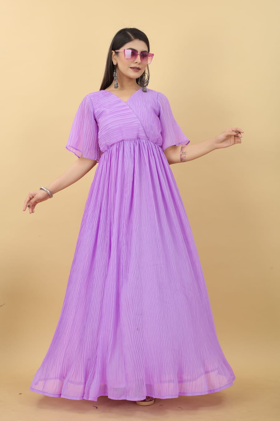 Lavender Color Pleated Georgette Designer Gown