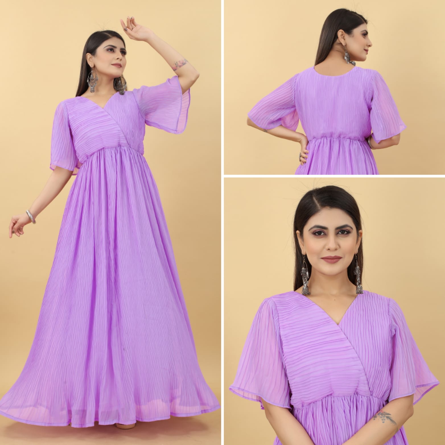 Lavender Color Pleated Georgette Designer Gown