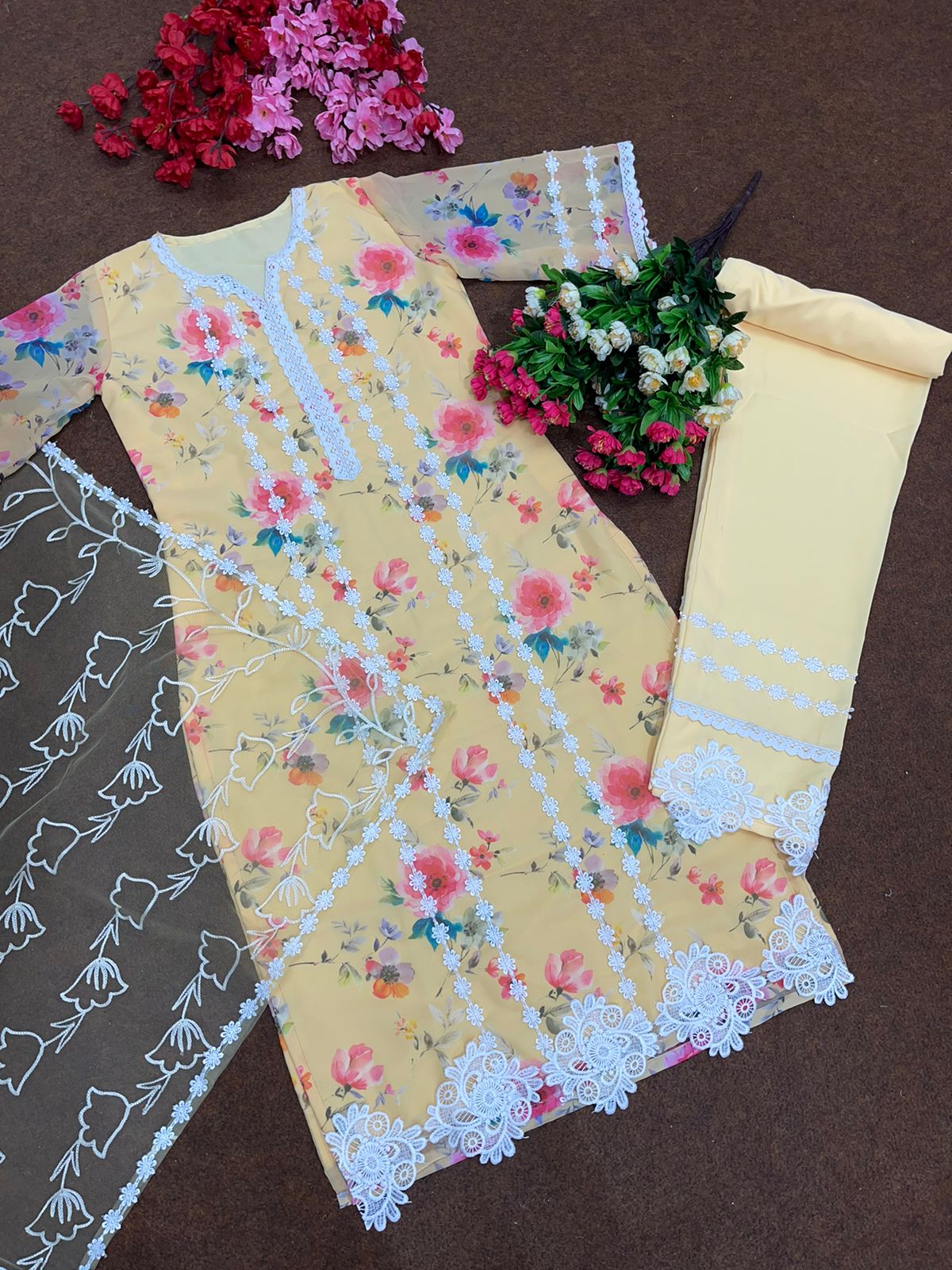 Fancy Lace Work Yellow Color Salwar Suit