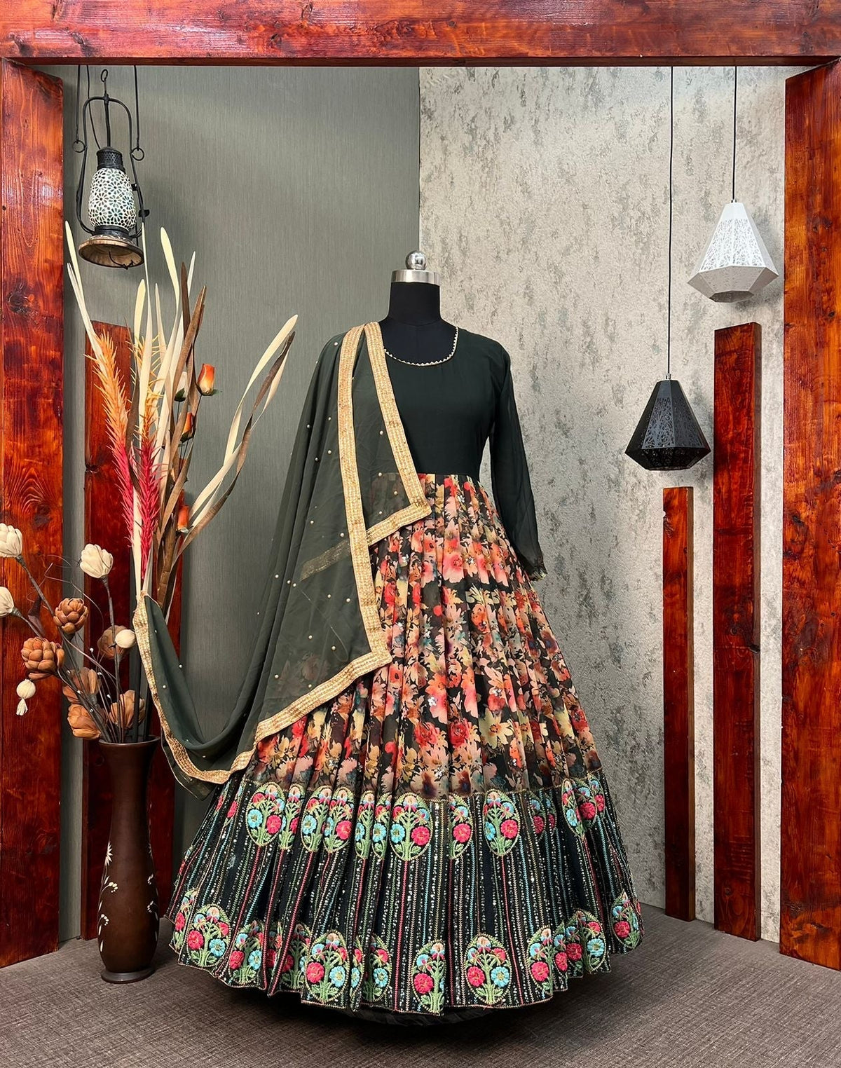 Green Color Beautiful Work Printed Gown