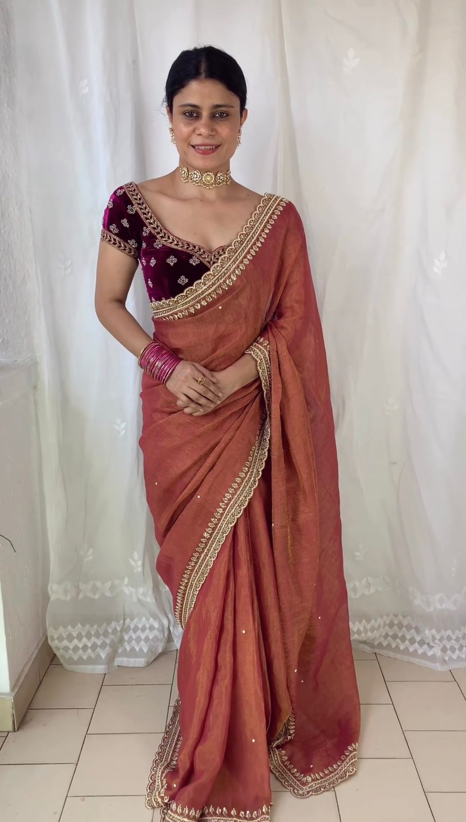 Graceful Peach Color Embroidery Lace Border Work Saree