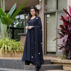 Party Wear Plain Black Color Georgette Gown